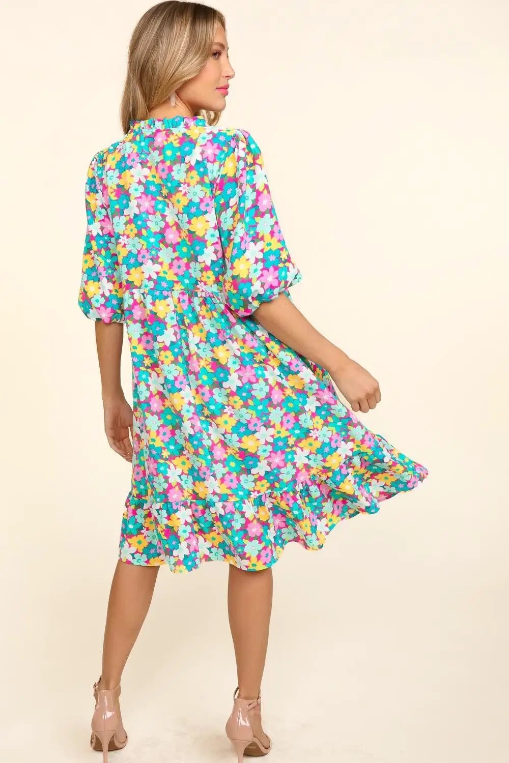 Haptics Bubble Sleeve Floral Ruffled Dress