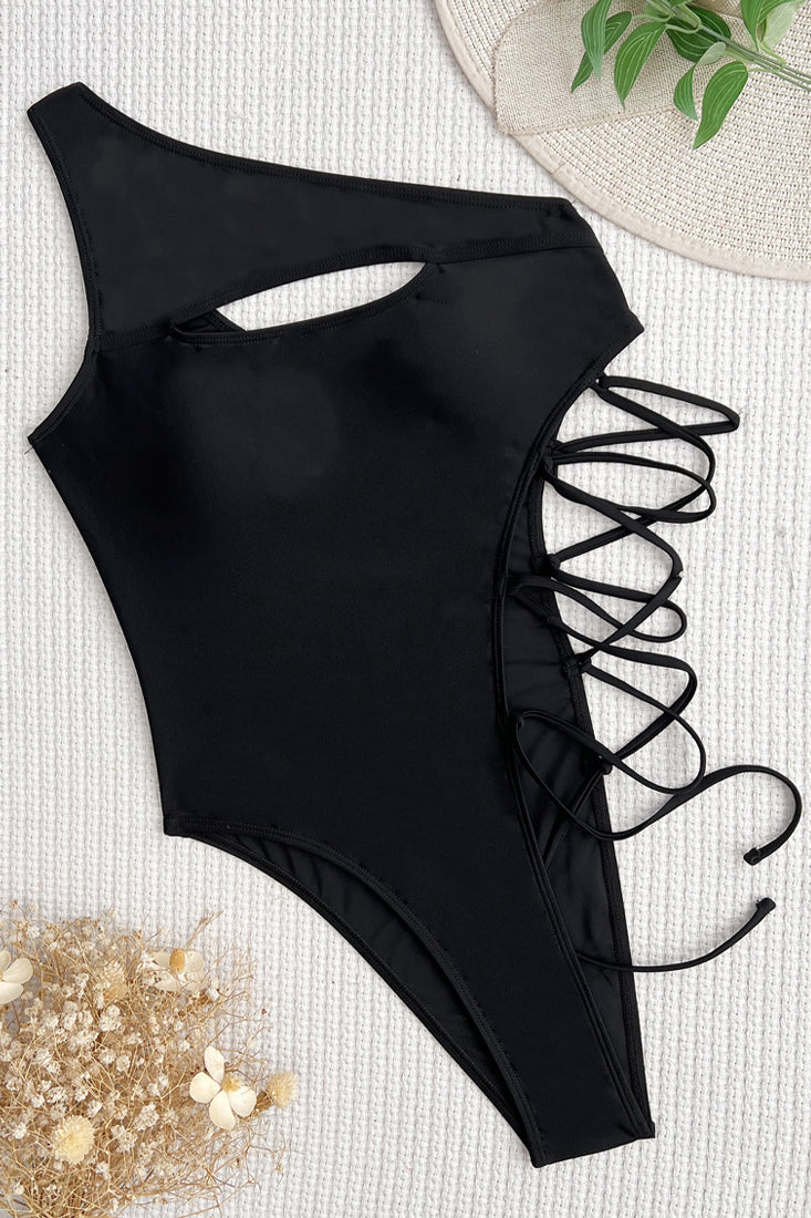 Black Asymmetrical Lace-Up Cut-Out Sexy Monokini 1Pc Swimsuit