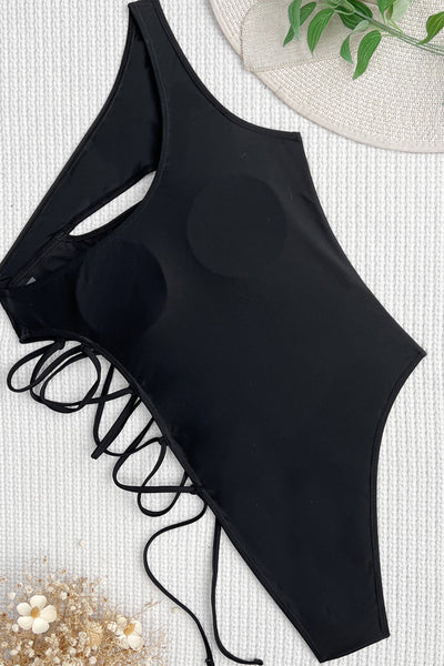 Black Asymmetrical Lace-Up Cut-Out Sexy Monokini 1Pc Swimsuit