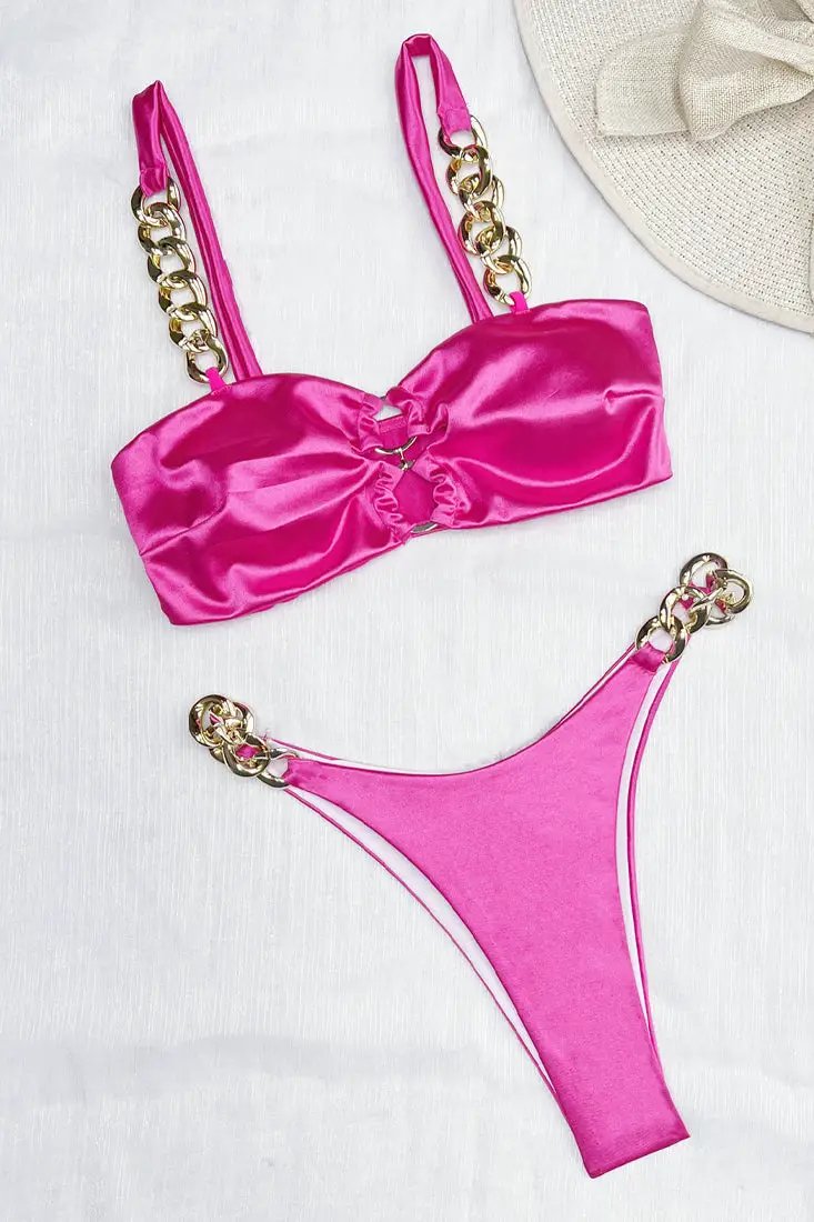 Pink Satin Gold Chain O-Ring Bandeau Cheeky 2Pc Sexy Swimsuit Set