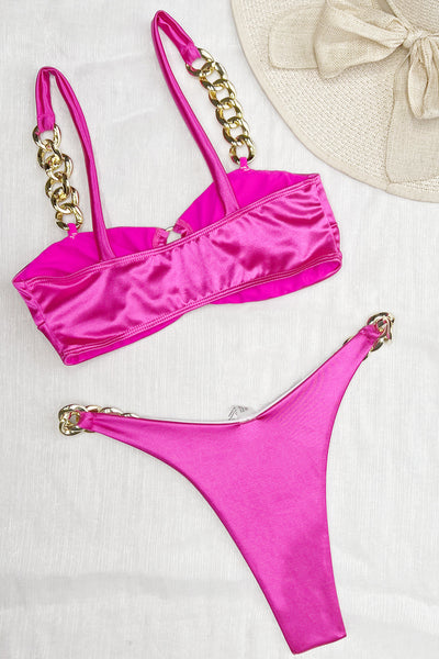 Pink Satin Gold Chain O-Ring Bandeau Cheeky 2Pc Sexy Swimsuit Set
