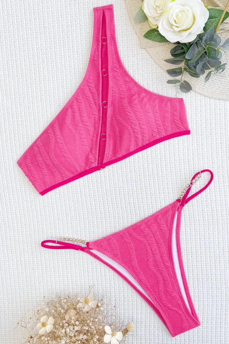 Hot Pink One Shoulder O-RIng Gold Chain Cheeky 2Pc Sexy Swimsuit Set