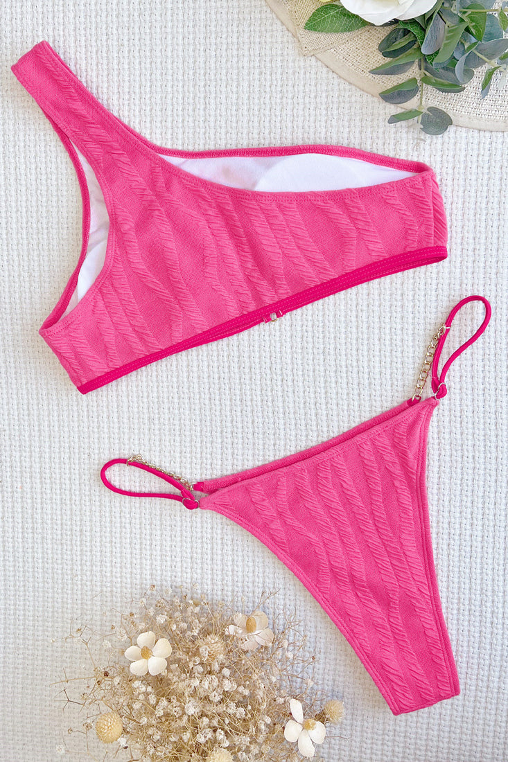Hot Pink One Shoulder O-RIng Gold Chain Cheeky 2Pc Sexy Swimsuit Set