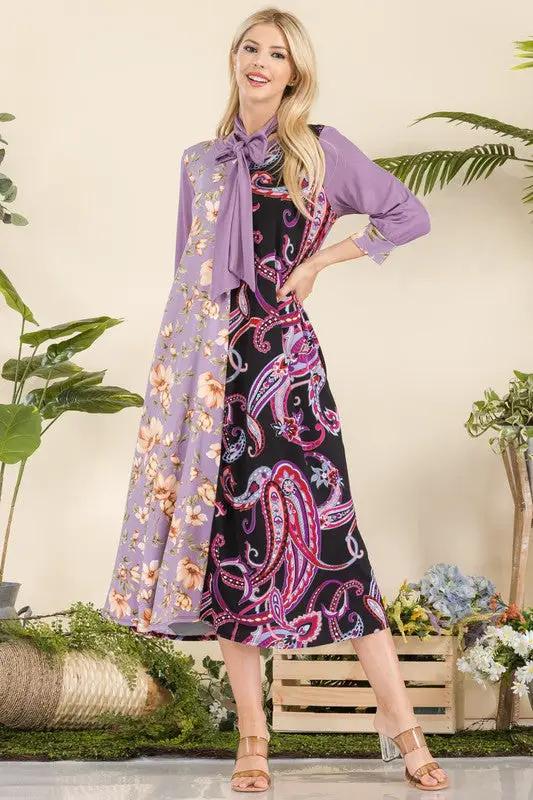 Celeste Full Size Paisley And Floral Contrast Tent Midi Dress Plus Size