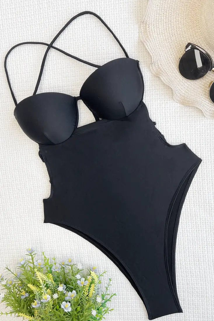 Black Push-Up Strappy Ruched Butt Sexy Monokini 1Pc Swimsuit