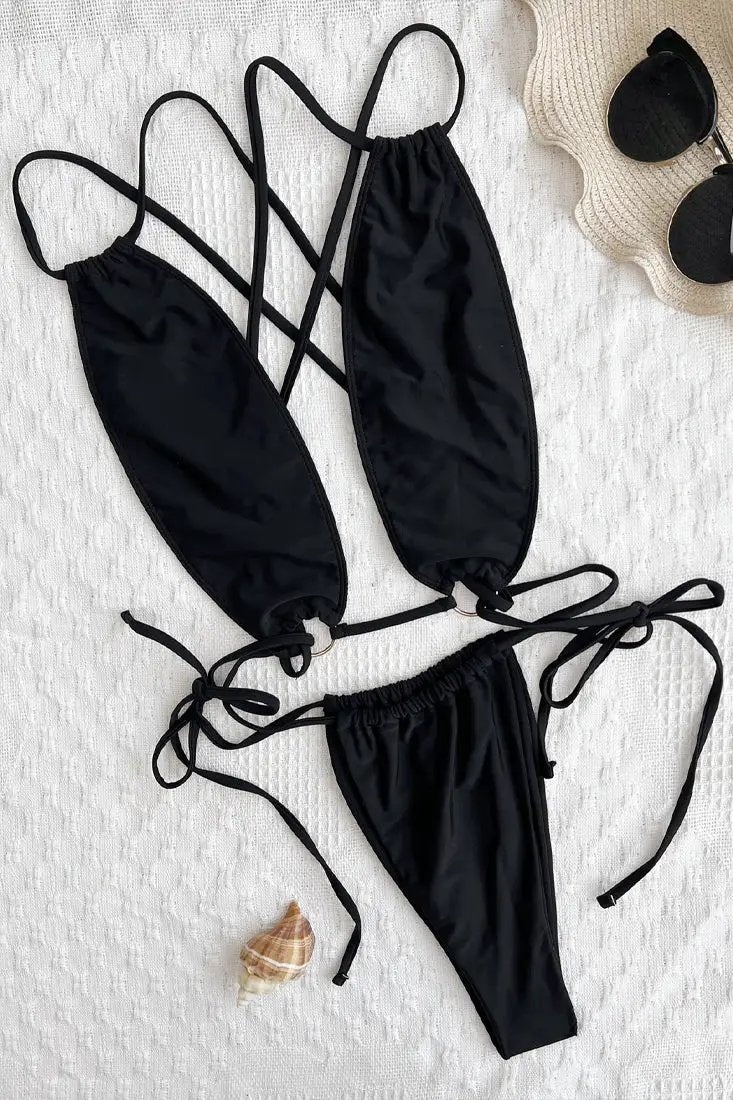 Black Draw String Strappy Ultra Sexy Monokini 1Pc Swimsuit