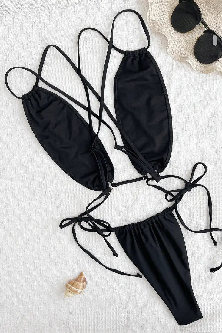 Black Draw String Strappy Ultra Sexy Monokini 1Pc Swimsuit