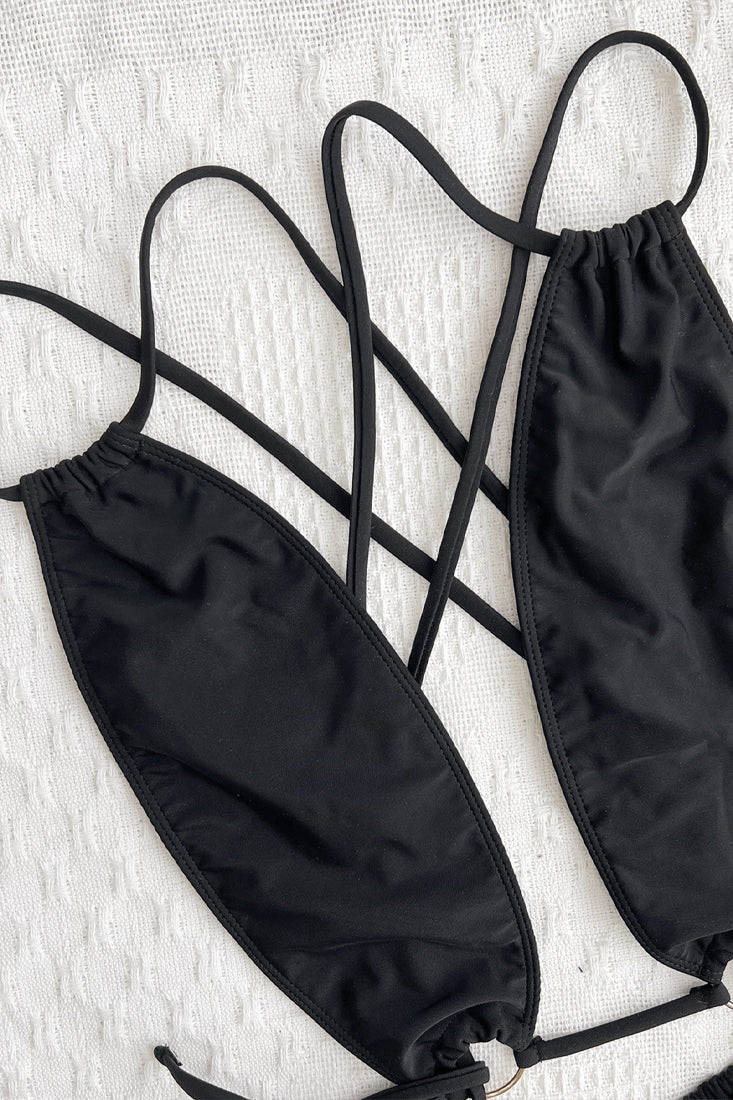 Black Draw String Strappy Ultra Sexy Monokini 1Pc Swimsuit