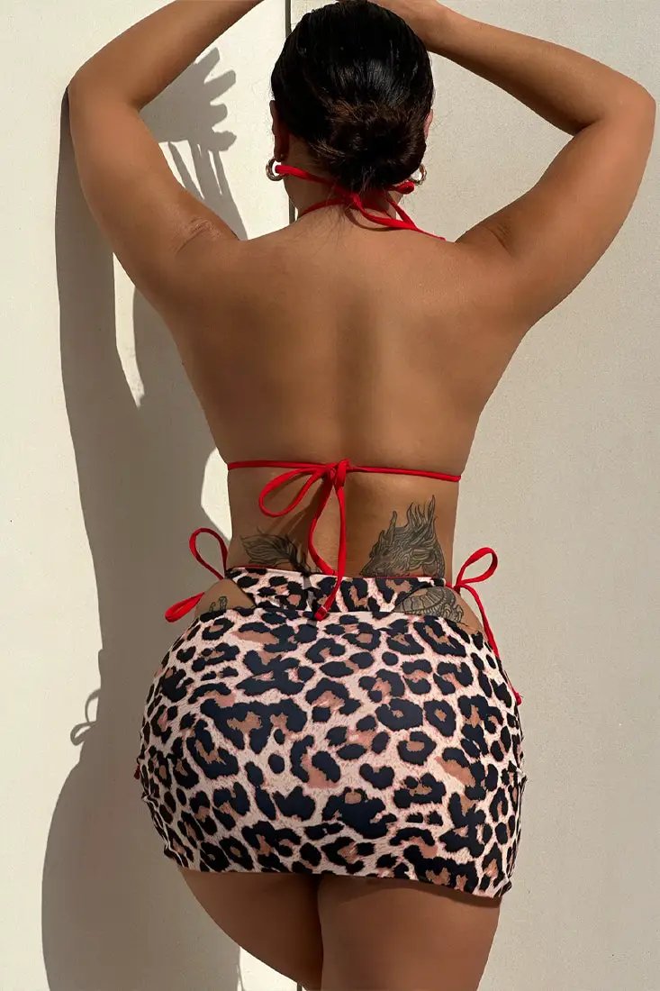 Leopard Print Red Reversible Ultra Sexy Bikini Cover-Up 3Pc Swimsuit Set