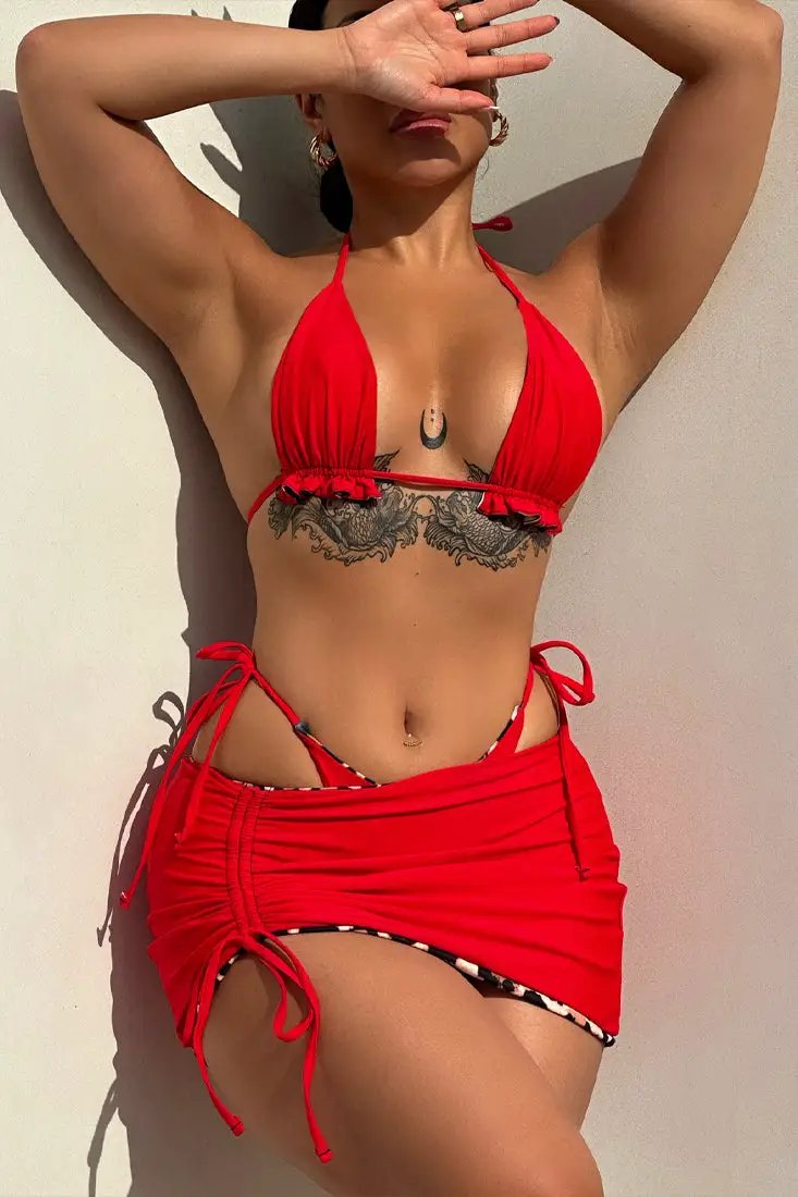 Leopard Print Red Reversible Ultra Sexy Bikini Cover-Up 3Pc Swimsuit Set