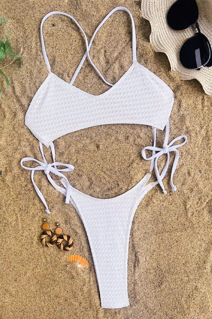 White Textured Strappy Cut-Out Thong Sexy Monokini 1Pc Swimsuit