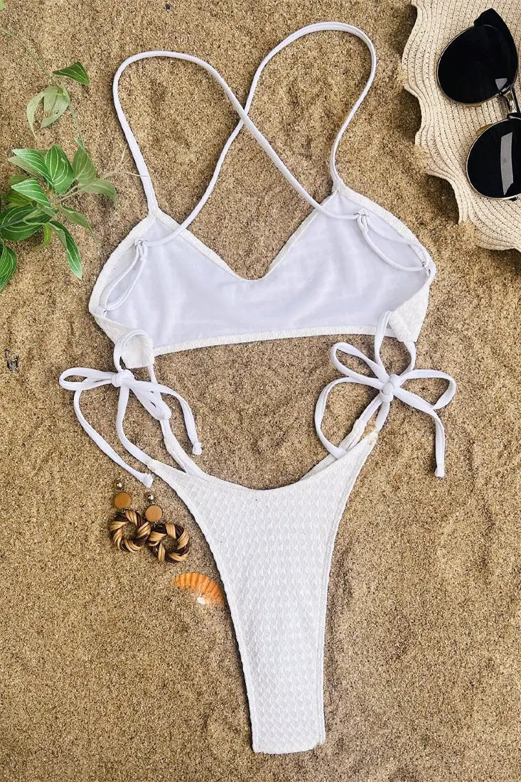 White Textured Strappy Cut-Out Thong Sexy Monokini 1Pc Swimsuit