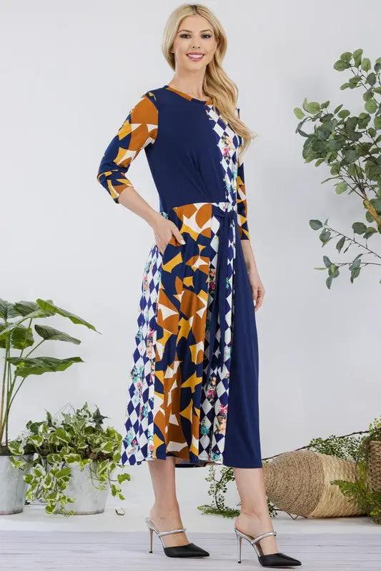 Celeste Full Size Multi Pattern Front Tie Midi Dress Plus Size