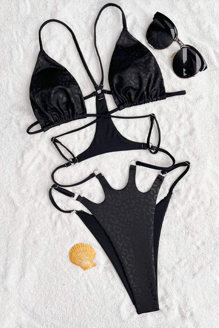 Black Shiny Leopard Print Strappy High Waist Cheeky 2Pc Swimsuit Set