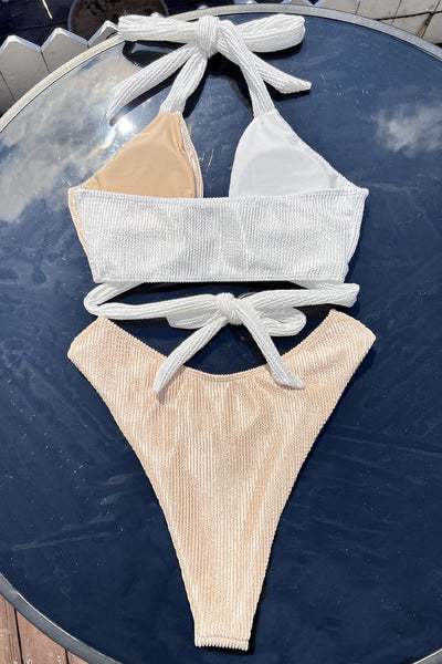White Beige Rhinestone Halter Body Contour Bottom 2Pc Sexy Swimsuit