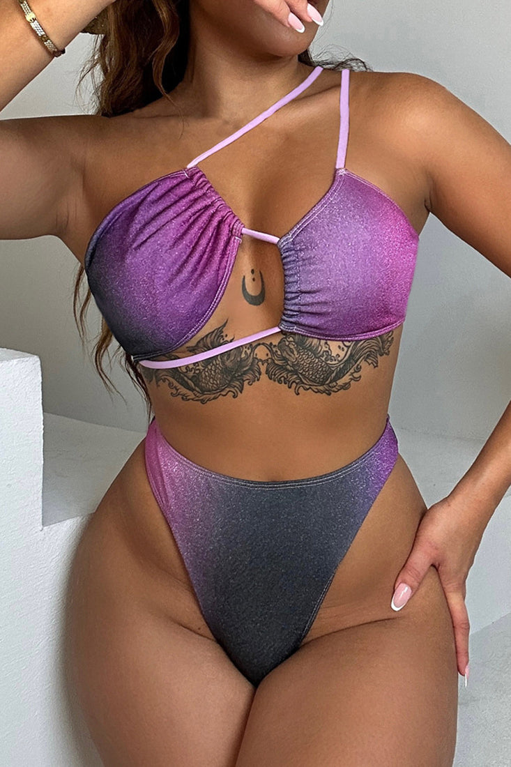 Purple Gradient Shimmer One Shoulder Cut-Out High Waist Cheeky 2Pc Swimsuit