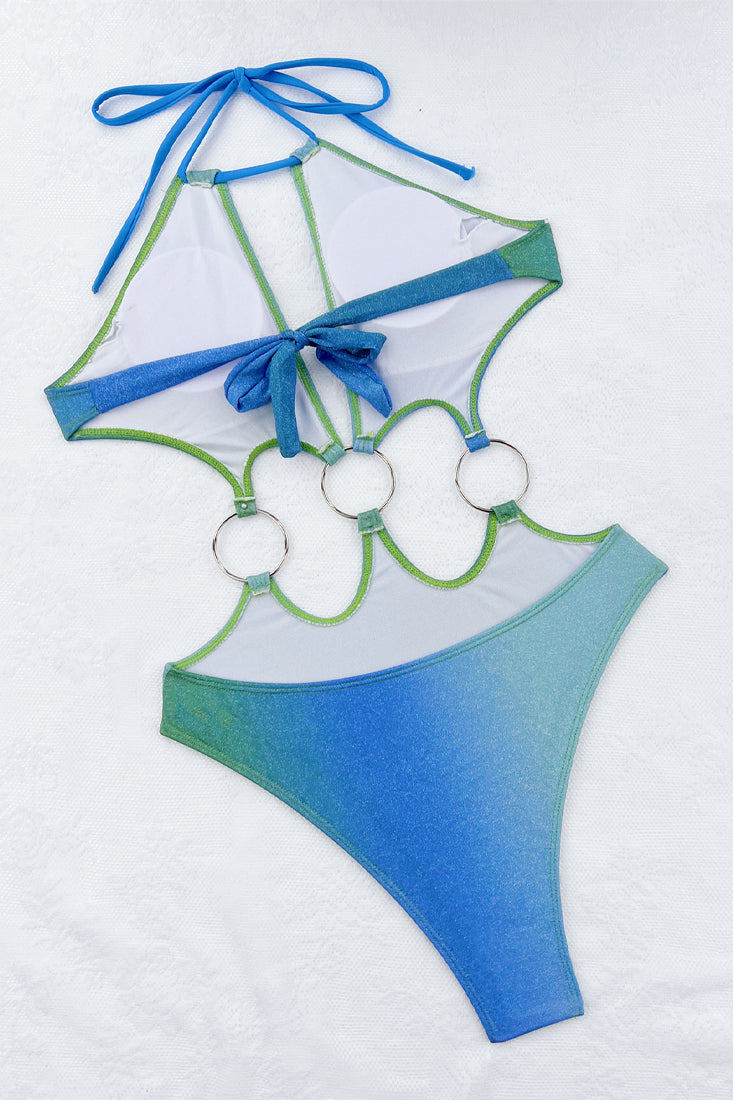 Blue Green Gradient Shimmer O-Ring Cut-Out Sexy Monokini 1Pc Swimsuit