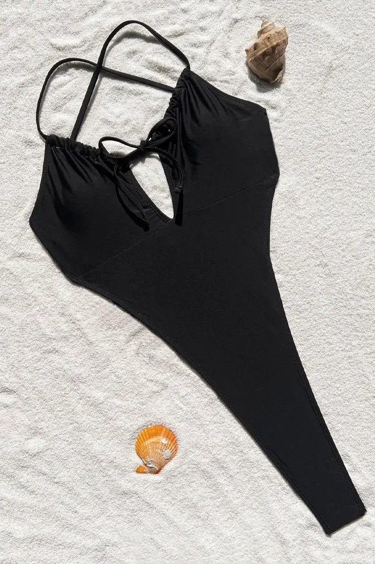 Black Strappy Backless High Cut Thong Sexy Monokini 1Pc Swimsuit