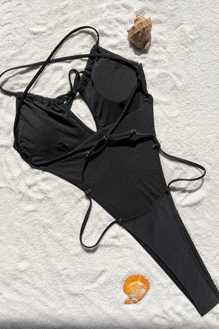 Black Strappy Backless High Cut Thong Sexy Monokini 1Pc Swimsuit