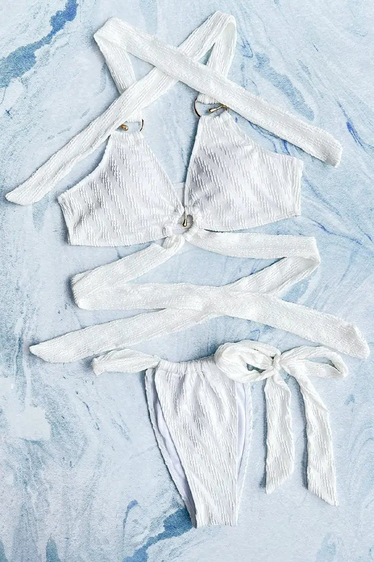 White Textured Gold Swirl Strappy Ruched 2Pc Swimsuit Set