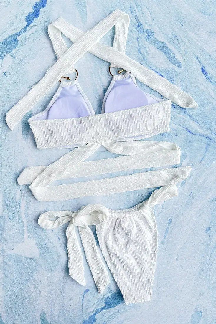 White Textured Gold Swirl Strappy Ruched 2Pc Swimsuit Set