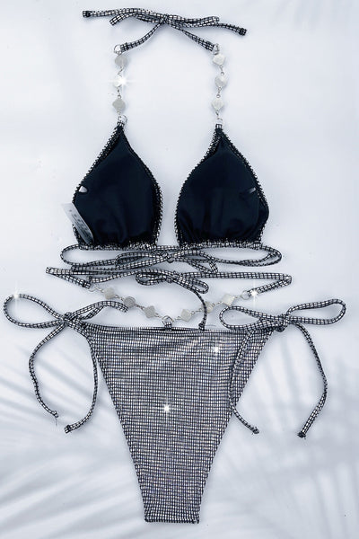 Silver Holographic Rhinestones Strap Sexy 2Pc Swimsuit Set
