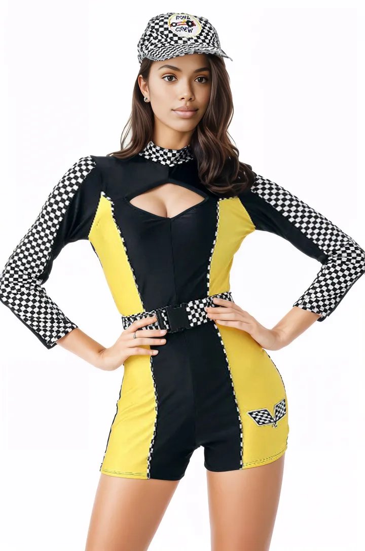 Yellow Checker Cut-Out Long Sleeve Race Car 3Pc Racer Sexy Costume