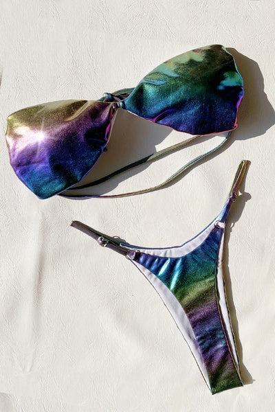 Purple Green Metallic Strapless Strappy High Waist Thong 2Pc Swimsuit Set