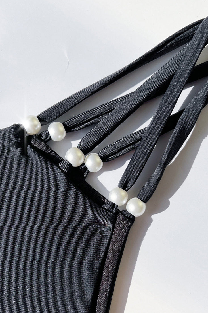 Black Strappy Pearls Sexy Bikini Cheeky 2Pc Swimsuit Set