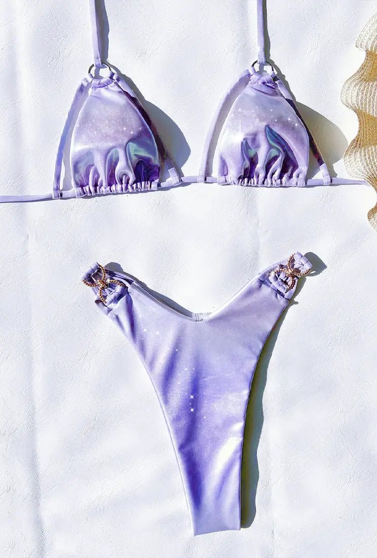 Purple Holographic Shiny Strappy Trangle Ultra Cheeky Sexy 2Pc Swimsuit Set