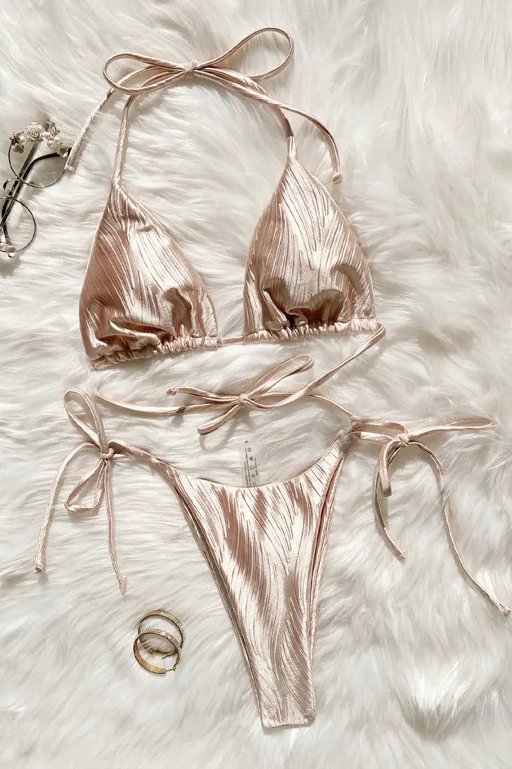 Beige Satin Textured Triangle Ultra Cheeky Bikini Sexy 2Pc Swimsuit