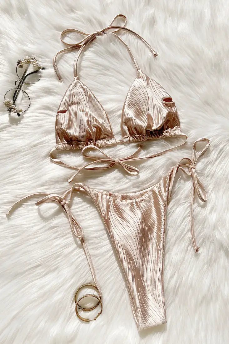 Beige Satin Textured Triangle Ultra Cheeky Bikini Sexy 2Pc Swimsuit