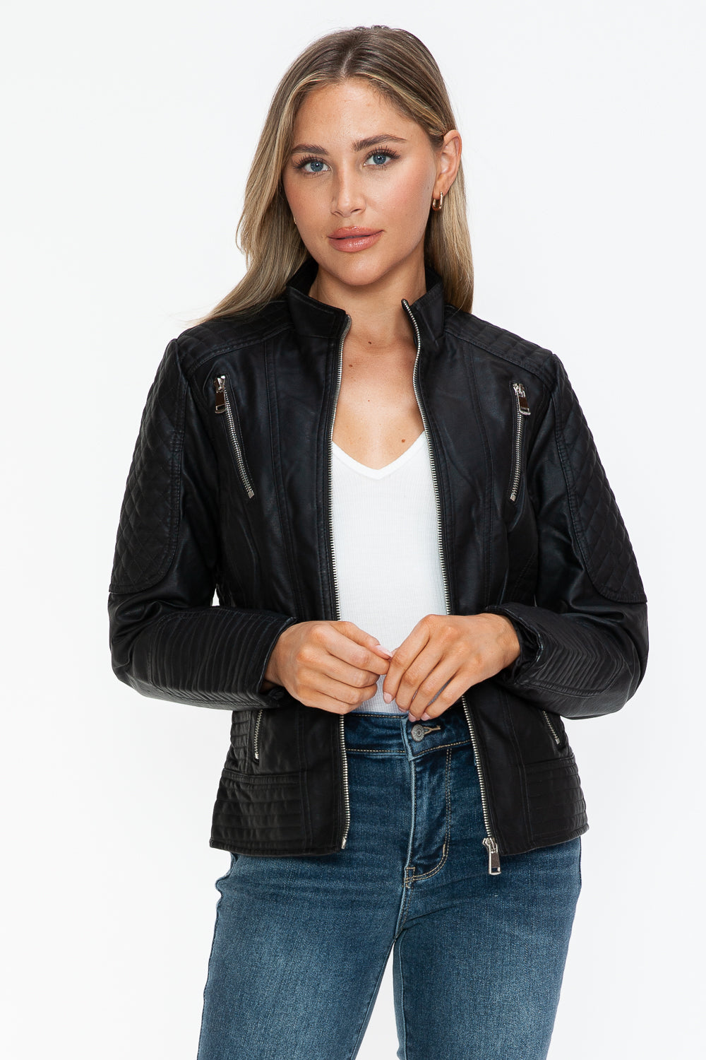 Snobbish Faux Leather Zip Up Mock Neck Jacket