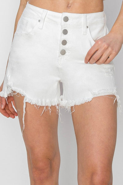 RISEN Button Fly Frayed Hem Denim Shorts - AMIClubwear