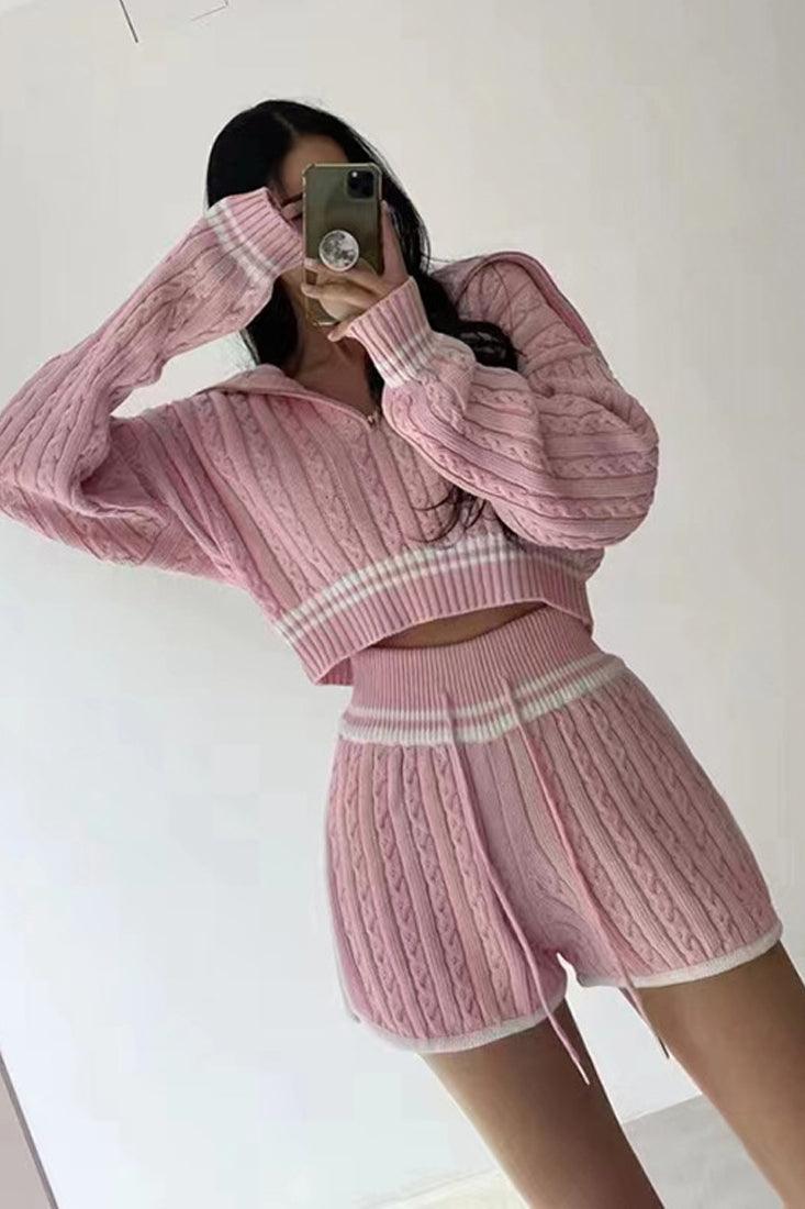 Pink Long Sleeves Zipper Sweater Top Shorts 2Pc Outfit - AMIClubwear