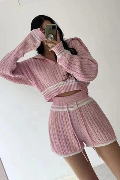 Pink Long Sleeves Zipper Sweater Top Shorts 2Pc Outfit