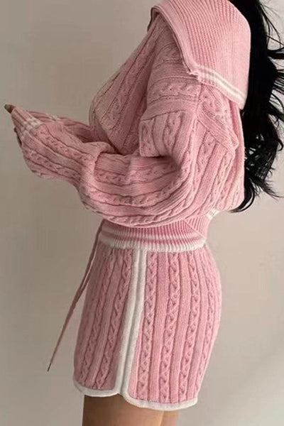 Pink Long Sleeves Zipper Sweater Top Shorts 2Pc Outfit