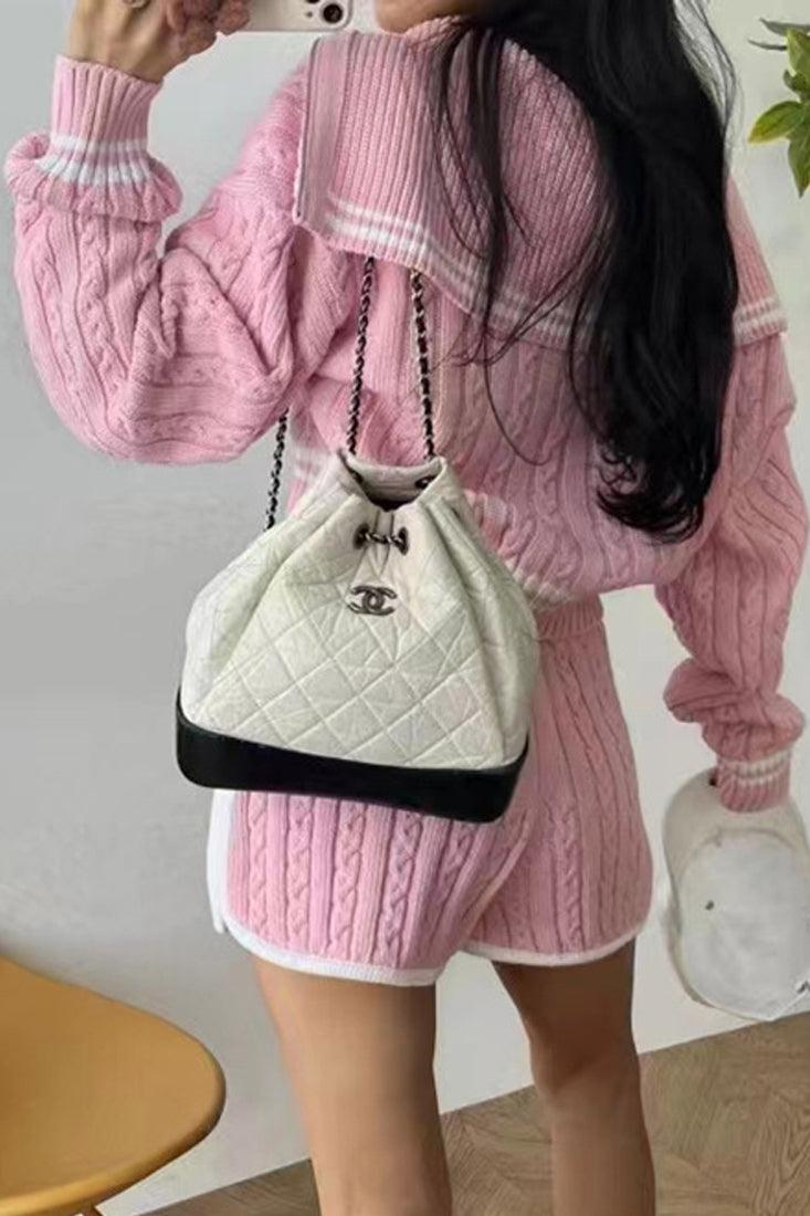 Pink Long Sleeves Zipper Sweater Top Shorts 2Pc Outfit