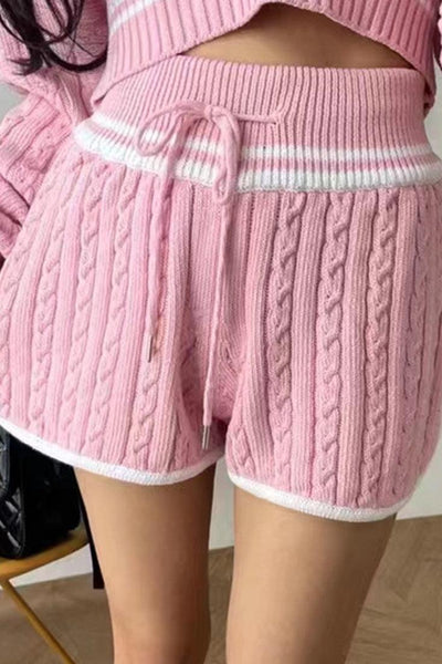 Pink Long Sleeves Zipper Sweater Top Shorts 2Pc Outfit - AMIClubwear