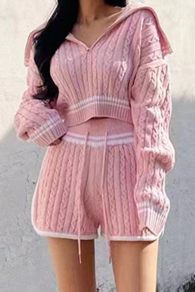 Pink Long Sleeves Zipper Sweater Top Shorts 2Pc Outfit - AMIClubwear