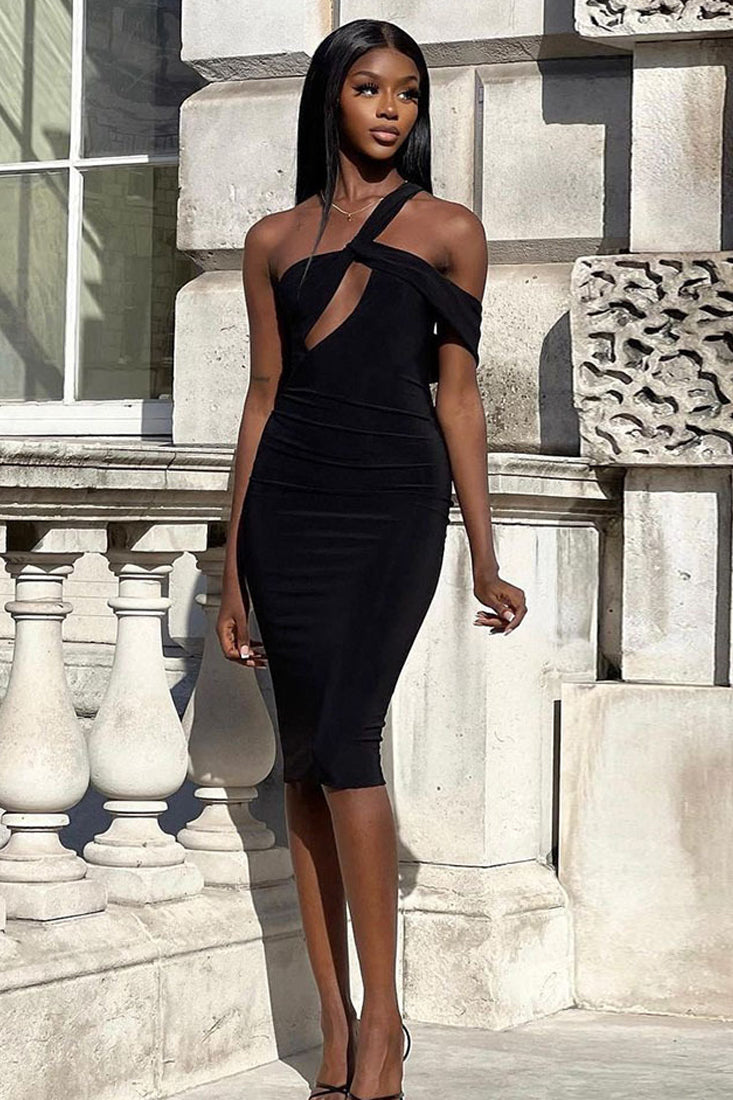 Black One Shoulder Cut-Out Sexy Fitted Midi Party Dress