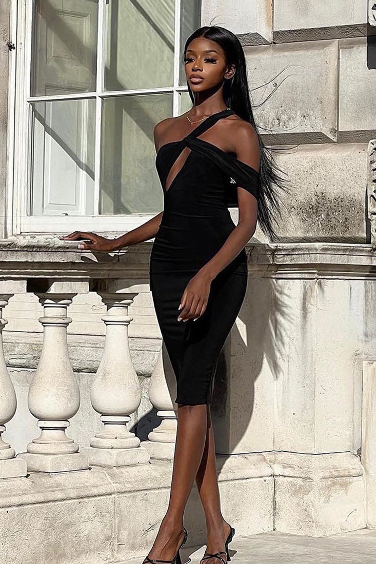 Black One Shoulder Cut-Out Sexy Fitted Midi Party Dress