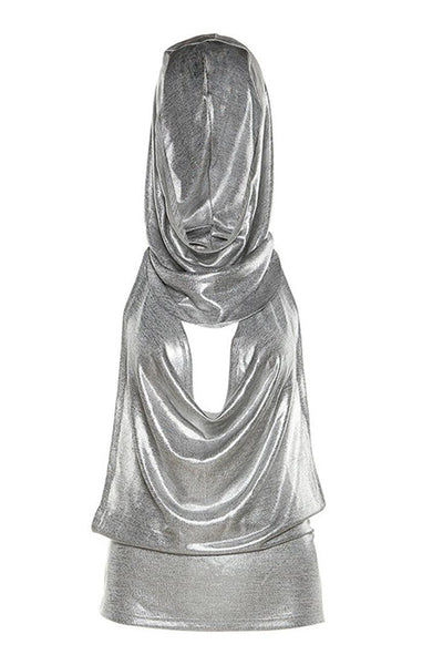 Silver Metallic Halter Hooded Backless Chain Party Club Top - AMIClubwear