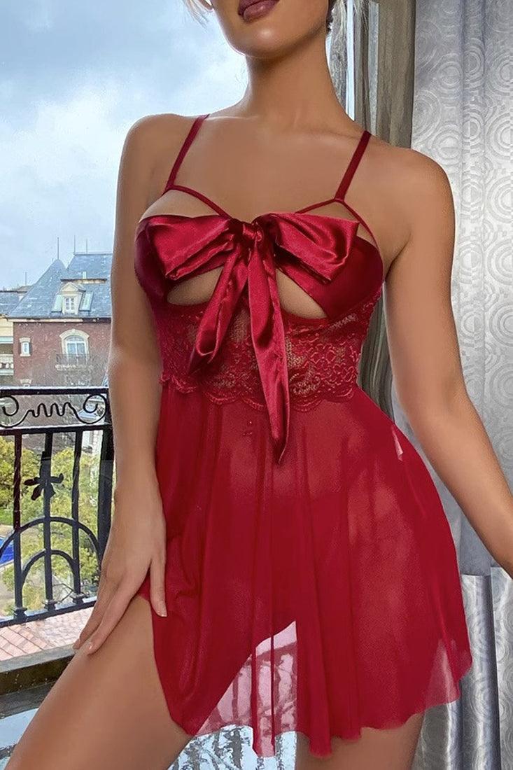 Red Mesh Unwrap Me Bow Tie Sexy Slip Lingerie Dress Set With Thong 7011 - AMIClubwear
