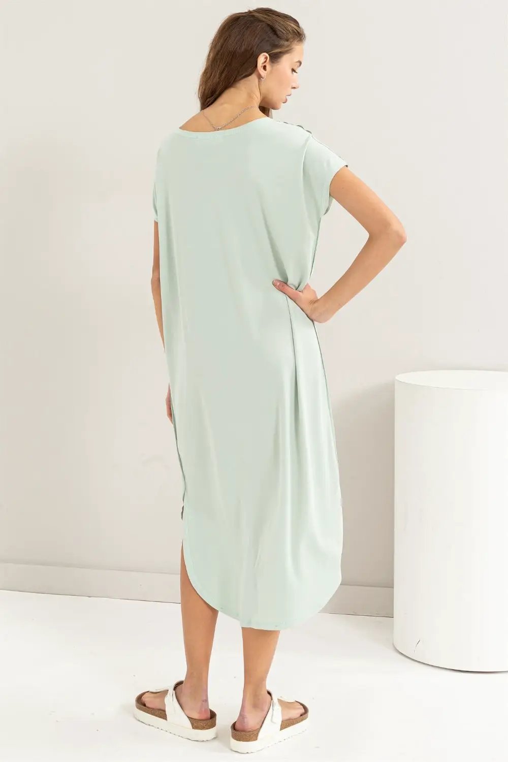 HYFVE Short Sleeve High-Low Slit Midi Dress