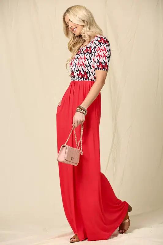 Celeste Full Size Houndstooth Round Neck Short Sleeve Maxi Dress Plus Size