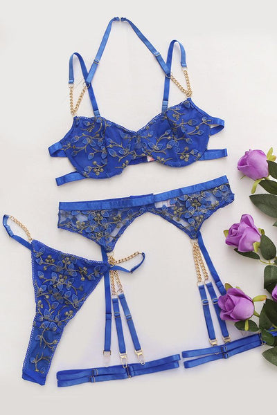 Blue Floral Embroider Crochet Lace Bra Thong Garter 5Pc Lingerie Set