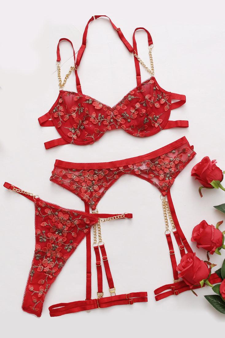 Red Floral Embroider Crochet Lace Bra Thong Garter 5Pc Lingerie Set - AMIClubwear