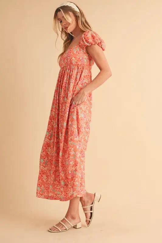 Aemi + Co Cutout Back Floral Square Neck Puff Sleeve Midi Dress