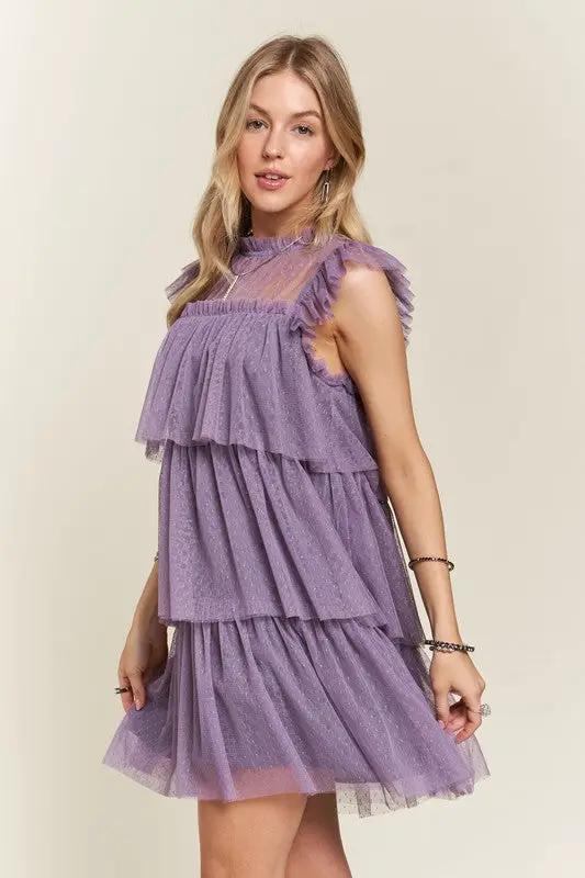 ADORA Layered Ruffled Cap Sleeve Mesh Dress